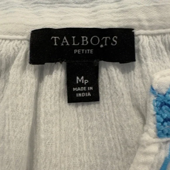 Talbots Gauze Cotton Embroidered Blouse White Blue Boho Peasant Cottagecore PM - Picture 5 of 8